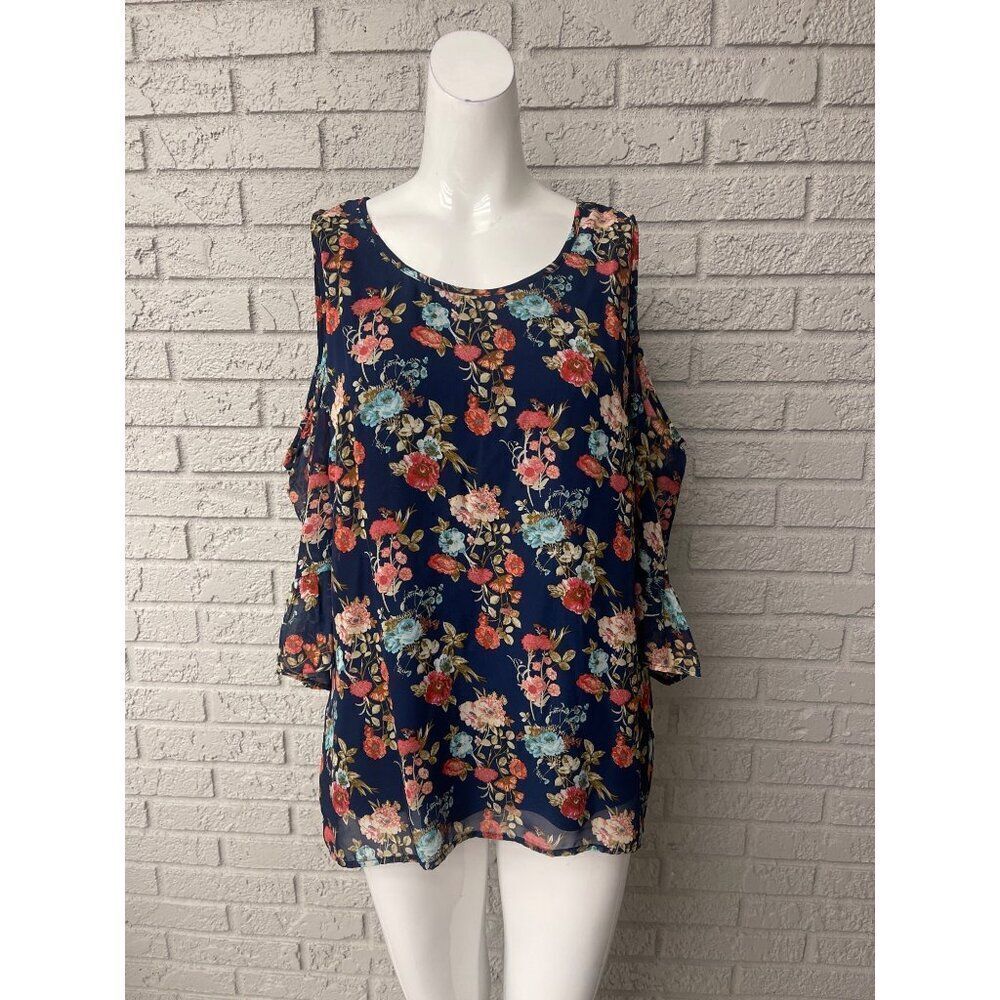 Sara & Michelle Women Navy Floral Cold Shoulder Chiffon Blouse Size M